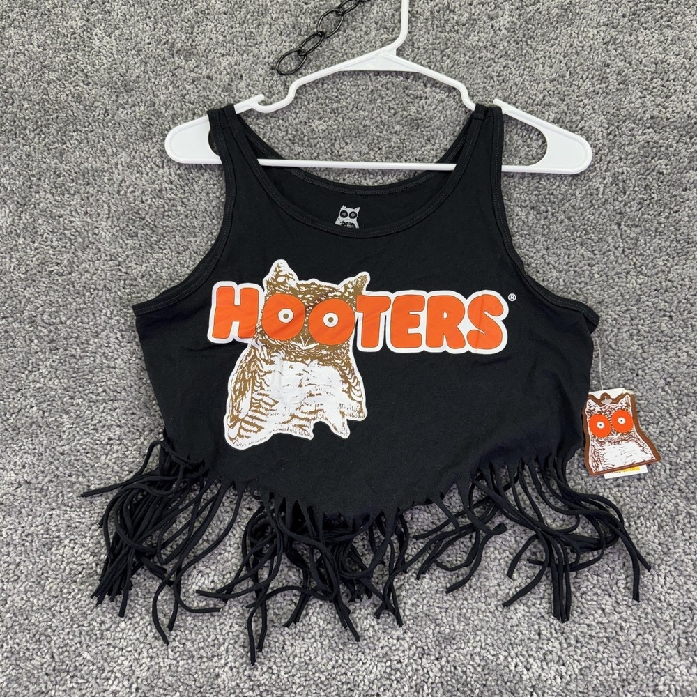 Hooters Tank Top Womens M Black Fringe Cropped Owl Graphic Summer Casual